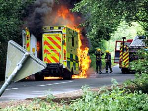 4 The ambulance burst into flames just off the A44 near Blockley on Monday. Picture by Journal reader Richard Harrigan.