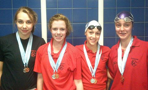 POOL STARS: (left to right) Evesham’s Katie Wright, Chloe Mabbett, Chloe Golding and Molly Hardwick won silver in the county 13 to 14 year 4x50-metre freestyle relay.