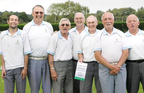 Left to right: Jamie Curtis, Ted Church, Frank Walker, Nigel Gould, Jim Sissons (captain), Keith Bridgwater, Gary Hunt.