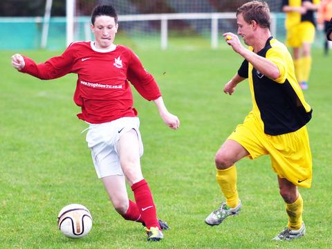RED HOT: Littleton striker Joe Lolley fired four in his side’s 7-0 victory over Racing Club Warwick in the Midland Combination Premier Division. This emphatic result saw Littleton go to the top of the table. Picture: MIKE PITTS