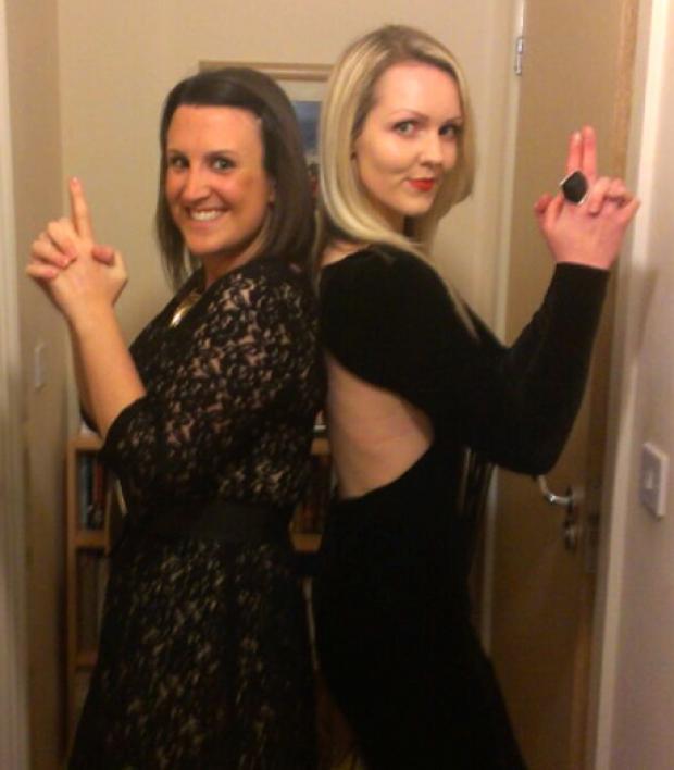 LOOKING NOTHING LIKE DANIEL CRAIG: Liz (left) and Sarah glam-up for the Skyfall premier