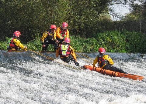The SARA team taking part in 'Swiftwater Rescue' training at Upper Lode Weir, River Severn, Tewkesbury.