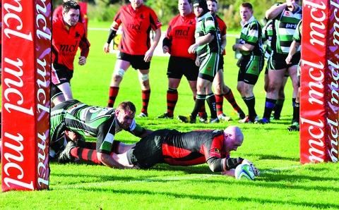 CROSSING THE WHITEWASH: Pershore’s top try-scorer Martin Hope added two to his tally as his side grabbed a 40-14 victory over Woodrush in Midlands Three West (South). Picture: NICK TOOGOOD. 43163806.