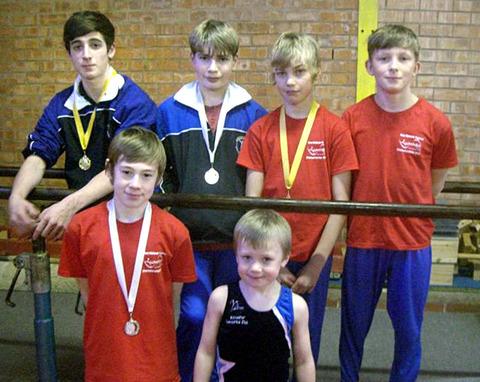 SUCCESSFUL GYMNASTS: The Evesham boys line up, back row (left to right): Charlie Lucas (gold), Matt Smith (silver), James Hall (gold) and Freddie Armstrong. Front: Callum Braathen (silver) and Noah Spencer. Picture supplied by Paul Braathen.
