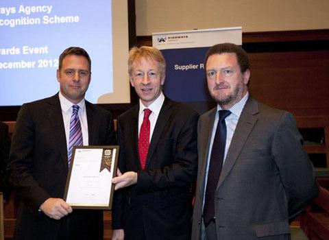 AWARDS: Andy Milner, managing director for Consulting at Amey, with Highways Agency chief executive Graham Dalton and Amey account director Scott Millar at the ceremony.
