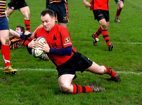 TRY TIME: Pershore’s Dan Goodlad crosses the whitewash for his side in their 39-10 victory over Old Wheatleyans in Midlands Three West (South) on Saturday. Picture: PAUL JACKSON. 0213220404.