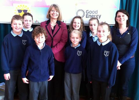SOLAR POWER: Harriett Baldwin with Kate Turtner from Good Energy and Pendock pupils.