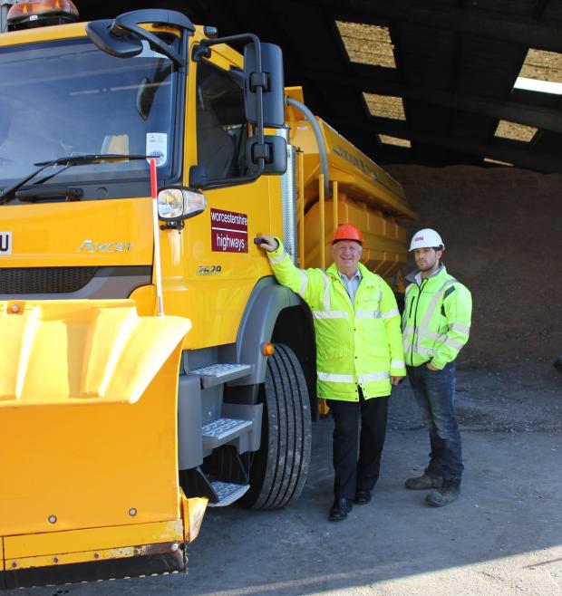 Worcestershire County Council cabinet member for highways and transport Coun John Smith OBE with winter maintenance supervisor Anthony Agate