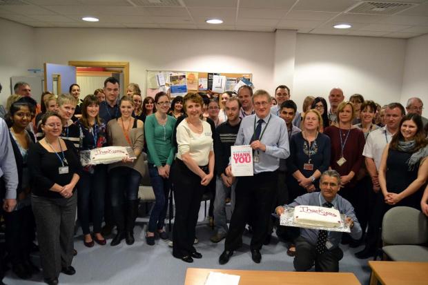 Tewkesbury Admag: Worcestershire Acute Hospitals NHS Trust chief executive Penny Venables with the pathology team at Worcestershire Royal Hospital Tewkesbury Admag: Worcestershire Acute Hospitals NHS Trust chief executive Penny Venables with the pathology team at Worcestershire Royal Hospital