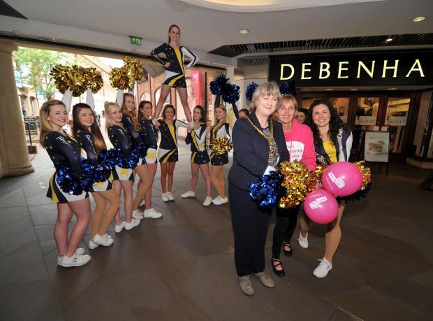 Tewkesbury Admag: 1714582601. 26/04/14. Mayor of Worcester Councillor Pat Agar, Cancer Research UK events manager Michelle Leighton and Gemma Hinton from Dance in Motion with the rest of the cheerleading team launch this years' Worcester Race for Life. Picture by Nick Tewkesbury Admag: 1714582601. 26/04/14. Mayor of Worcester Councillor Pat Agar, Cancer Research UK events manager Michelle Leighton and Gemma Hinton from Dance in Motion with the rest of the cheerleading team launch this years' Worcester Race for Life. Picture by Nick