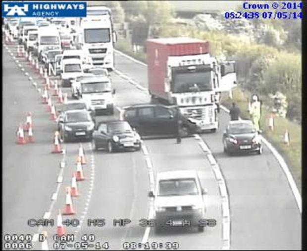 Tewkesbury Admag: The scene between junction 4A and junction 5 on the northbound carriageway of the M5 this morning Tewkesbury Admag: The scene between junction 4A and junction 5 on the northbound carriageway of the M5 this morning